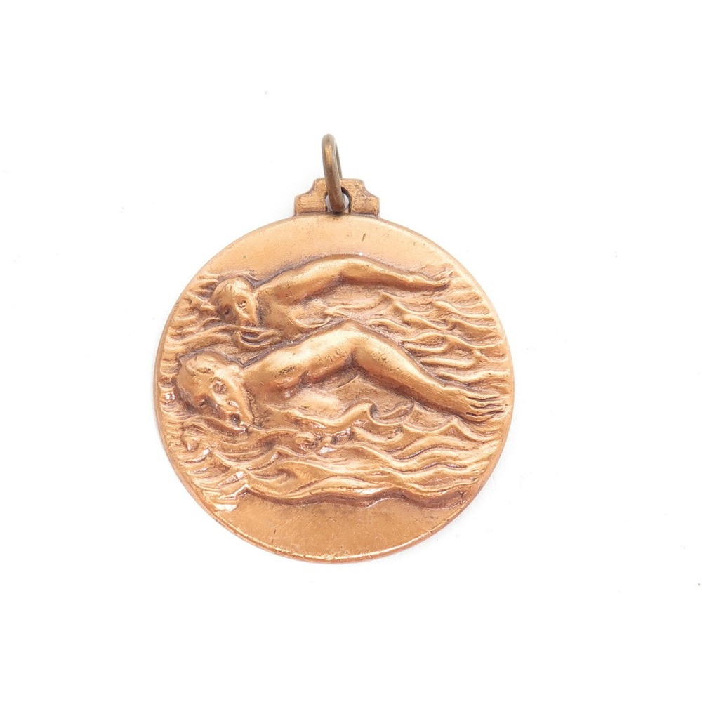 CL MED Signed Vintage Copper Bronze Highly Detailed Swimming Medal FOB Pendant